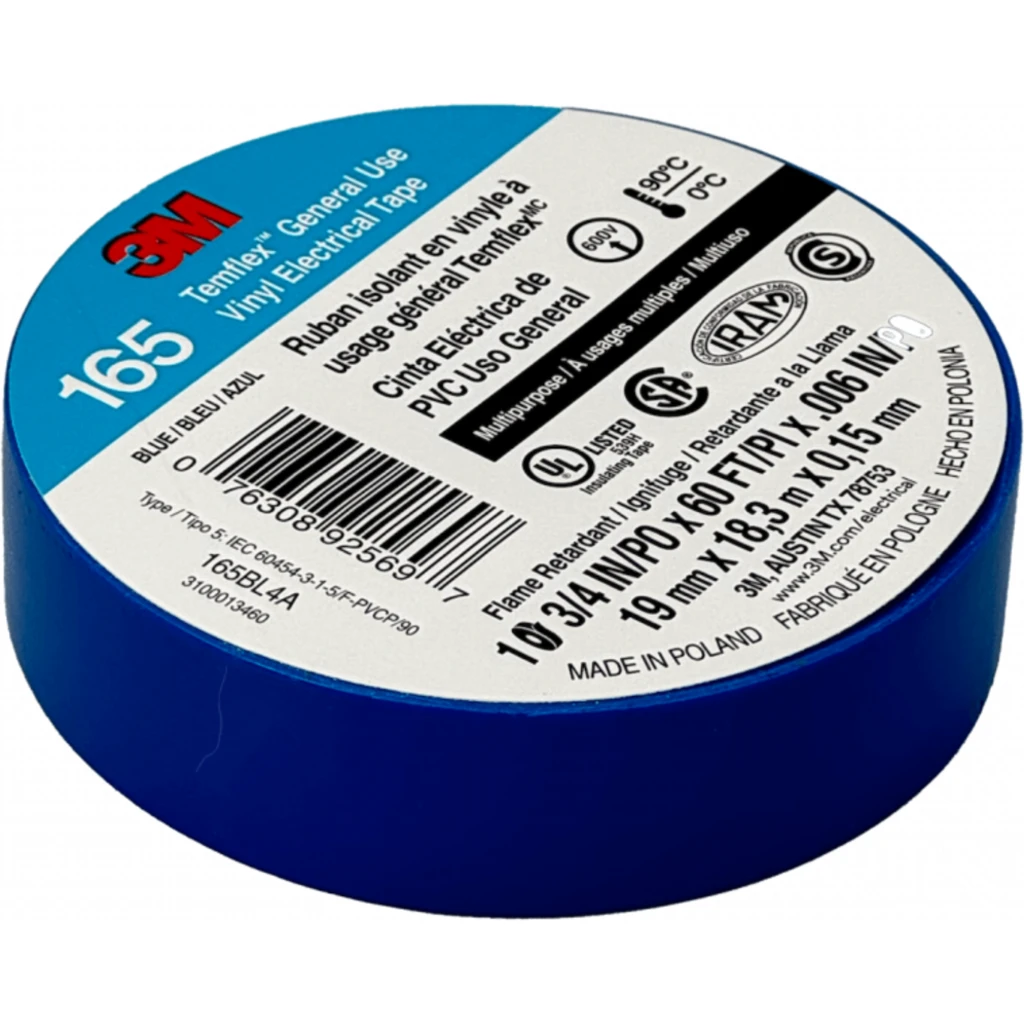 3M 18mt 165 Azul Huincha Cinta Aisladora PVC 19mm 0,15mm 600V 0-90oC