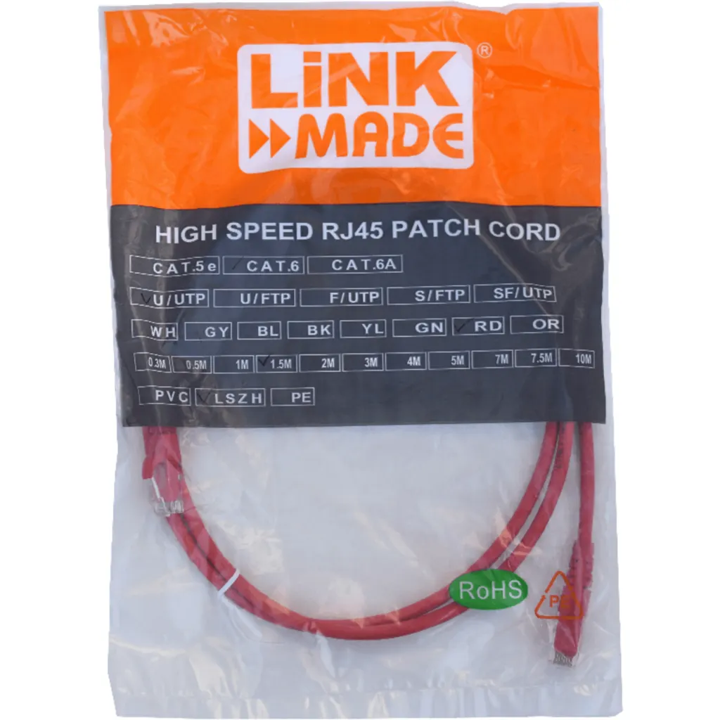 Cable de Red Linkmade CAT6 LSZH U/UTP Inyectado 1.5MT ROJO