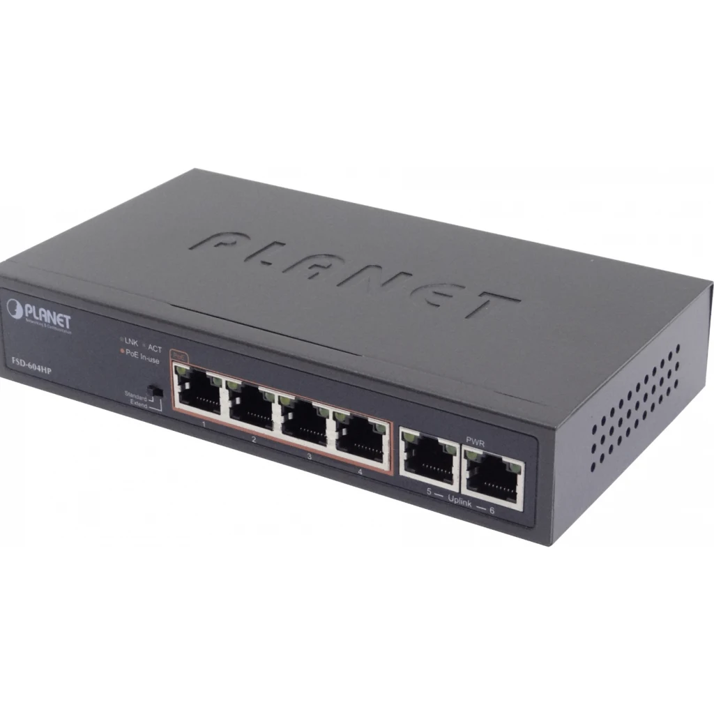 Imagen 1 de PLANET 6-100(4-PoE+af/at) Extend-250mt 60W-tot Switch no-Admin no-Rack