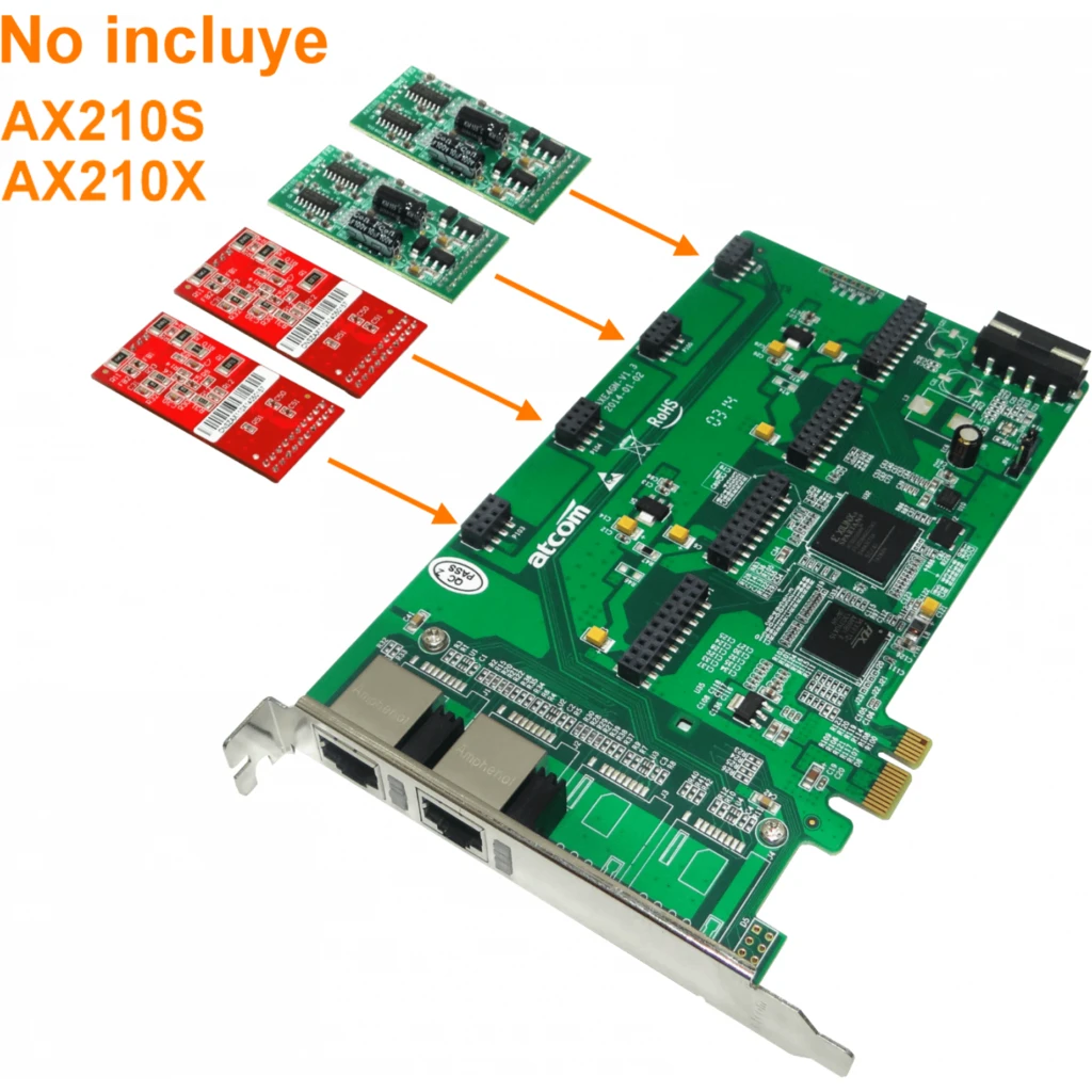 Imagen 1 de ATCOM PCIe-x1 8X 2-RJ45 REQ-AX210 3.3/5V 32BIT TARJETA ASTERISK