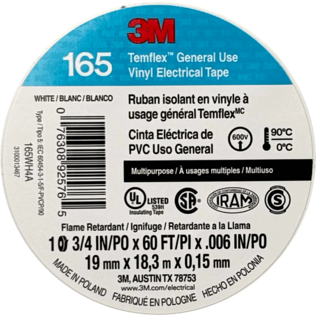 Imagen 1 de 3M 18mt 165 Blanca Huincha Cinta Aisladora PVC 19mm 0,15mm 600V 0-90oC