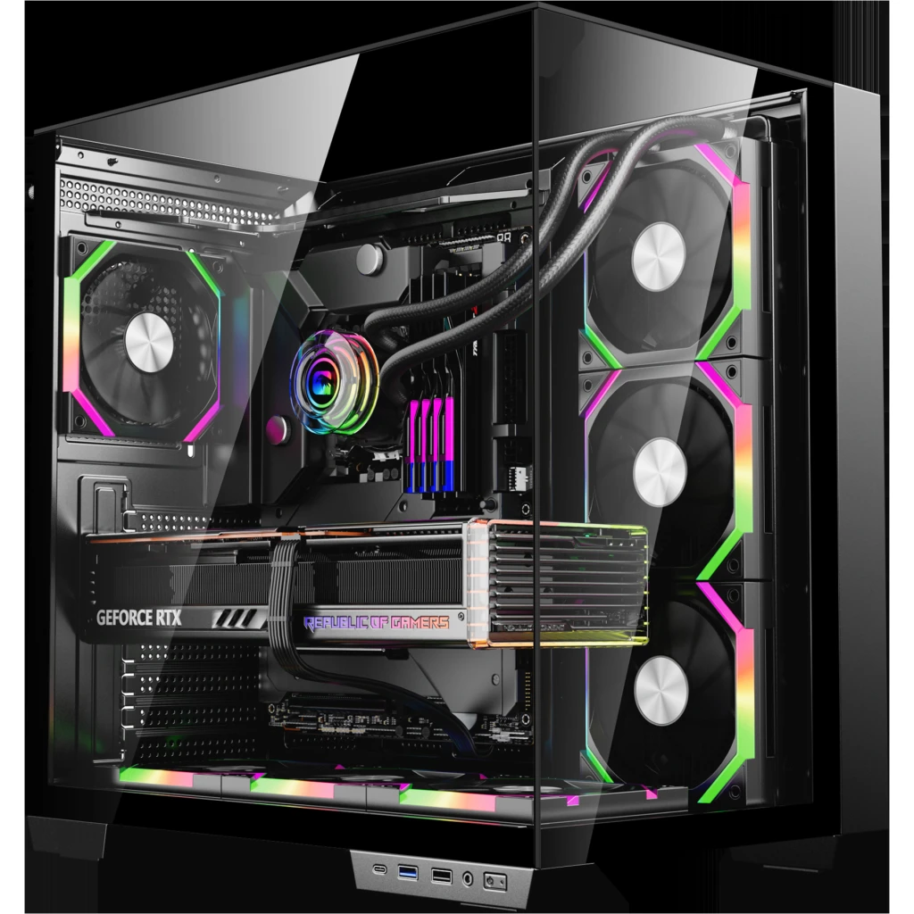 GABINETE GAMER ESGAMING  MIRA PRO 4 FAN ARGB, 3 EN BASE Y 1 TRASERO/ SIN FUENTE