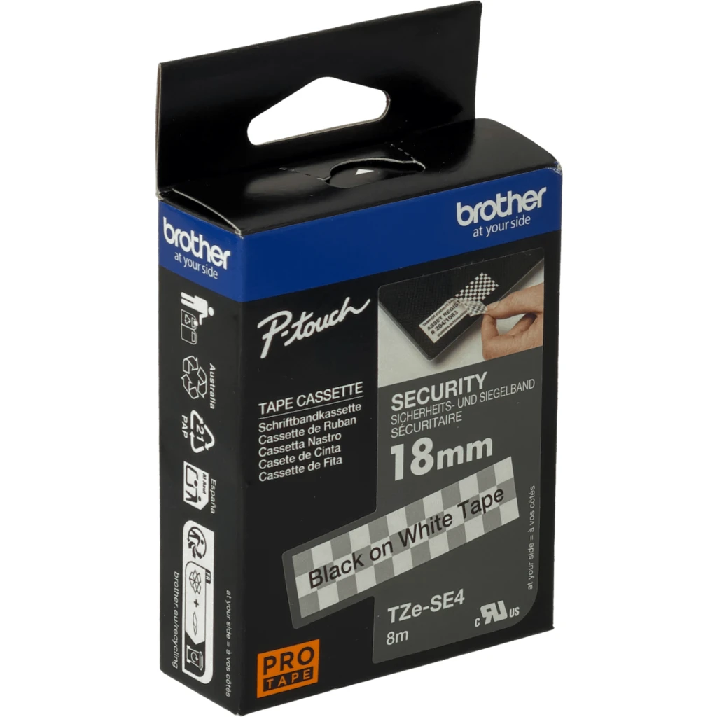 Cinta Laminada de Seguridad Brother TZe SE4 18MM Text Negro Fondop blanco 8Mt