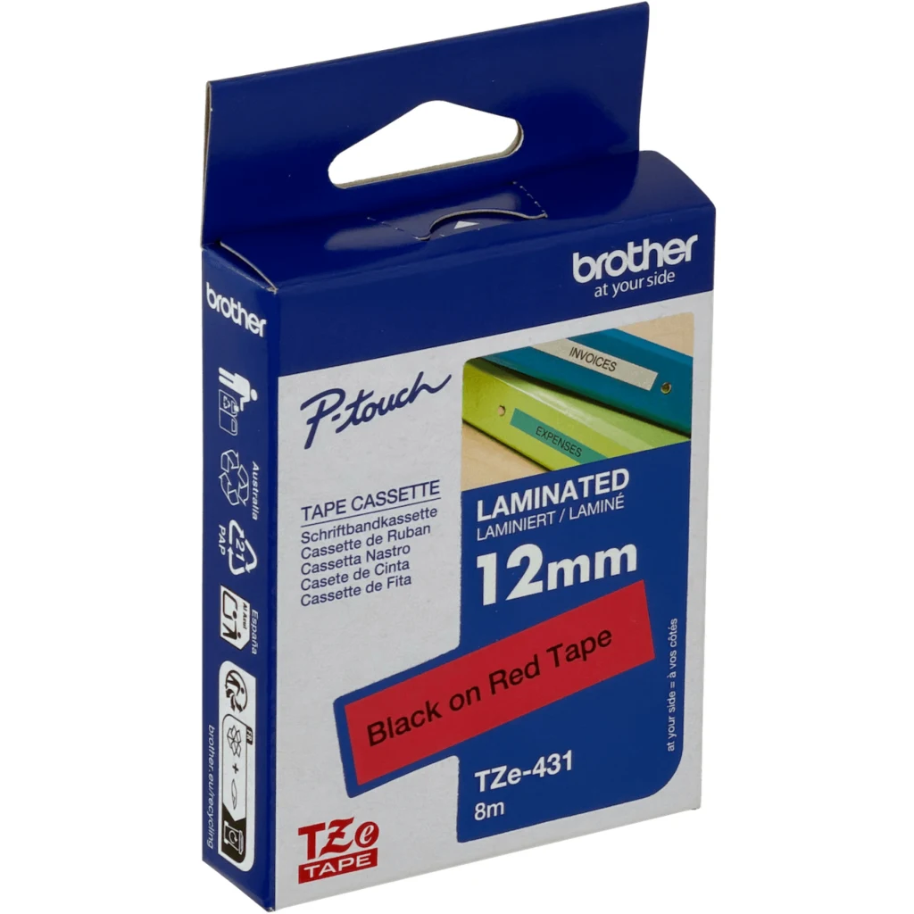 BROTHER 12mm Negro en Fondo Rojo Cinta 8mt p/PT-H110/E300/E550/D600