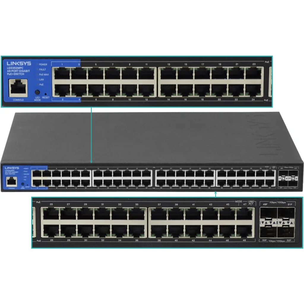 Imagen 4 de Switch Linksys LGS352MPC Gigabit PoE+ administrado de 48 prts 4 prts SFP+ 10G