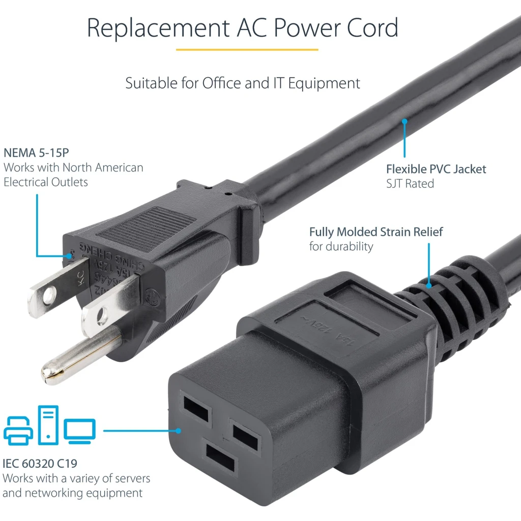 Imagen 2 de 10ft 14AWG Computer Power Cord NEMA 5-15