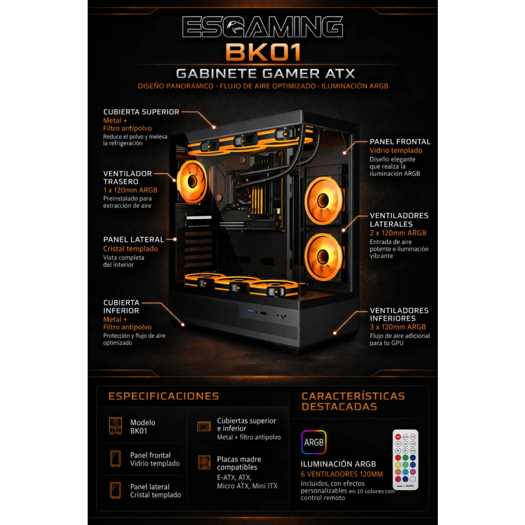 Imagen 5 de Gabinete Gamer Esgaming BK01, P.Lateral Vidrio, USB-C USB3.0 USB2.0 ARGB, Negro