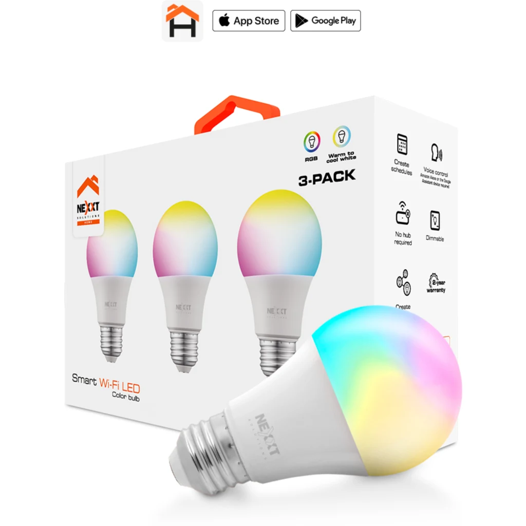 Pack 3 Ampolletas Smart Nexxt NHB-C120, WiFi RGB 220V A19 Smart Home