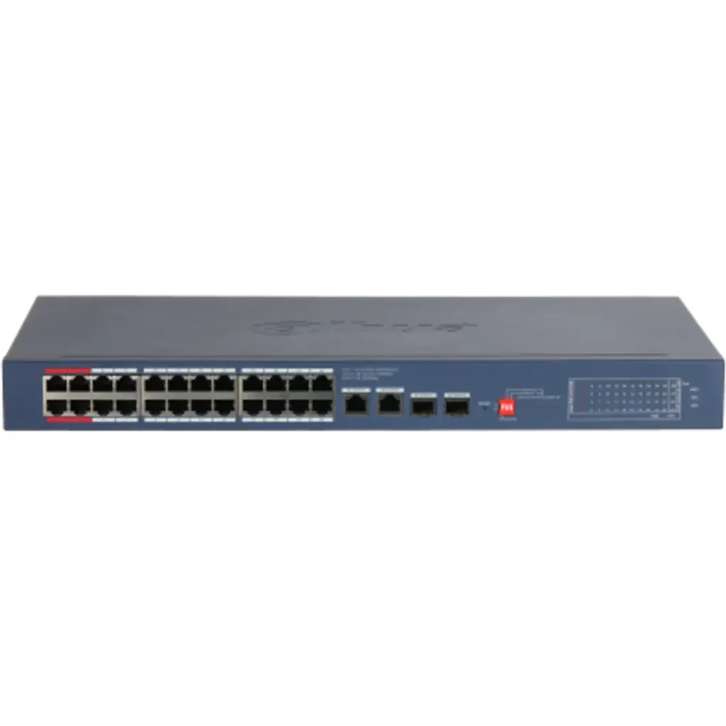 Imagen 1 de DH-CS4228-24GT-240-V2. Switch Dahua, 24 Puerto PoE ( 10/100/1000 Mbps), 2 Puertos uplink ( 10/100/1000 Mbps), 2 Puertos SFP ( 1000 Mbps ) Administración en Nube, Capa 2, PoE Total 240W.