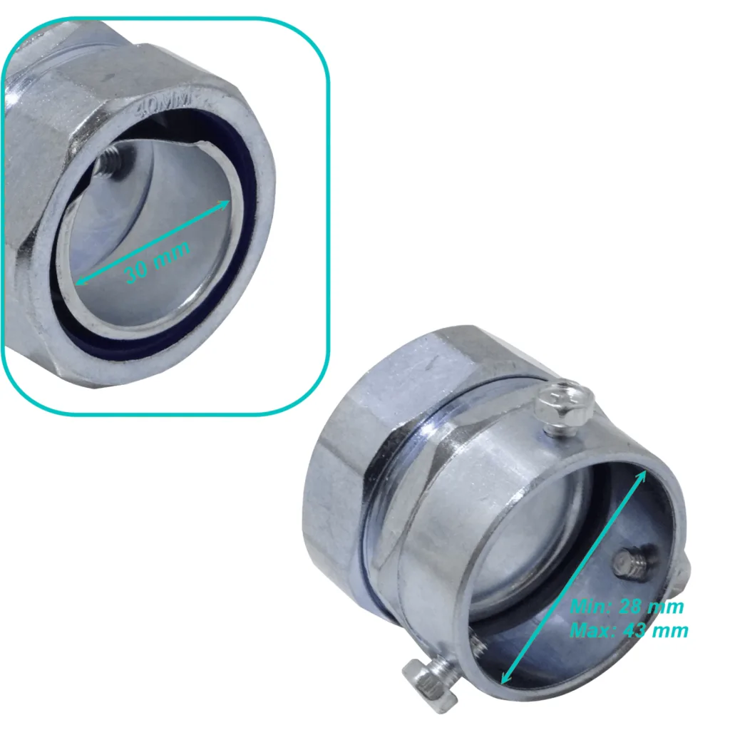 Imagen 2 de 40mm Union EMT a Flexible Conduit Adaptador Metalico 28-43mm a 30mm