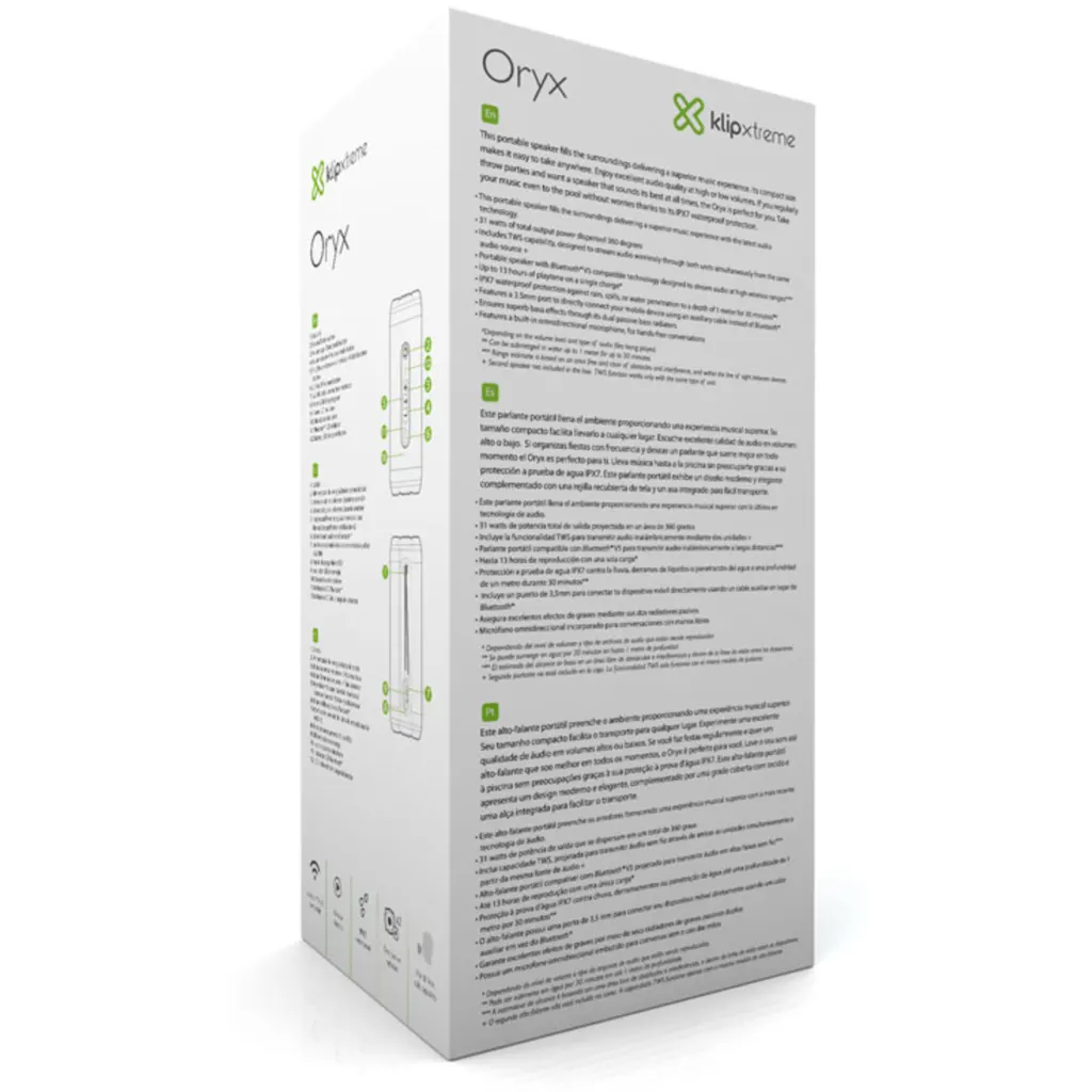 Imagen 6 de Parlante Portátil KlipX Oryx KBS-600 Bluetooth v5.0 TWS 31W c/Mic IPX7 13hrs Neg