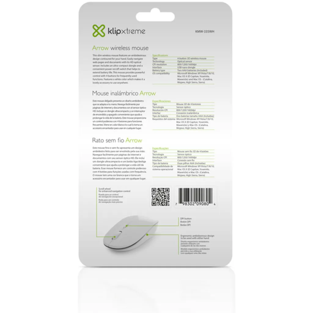 Imagen 5 de Mouse Inalámbrico KlipX KMW-335WH Óptico 1600DPI 2.4GHz 4 Botons Recp USB Blanco