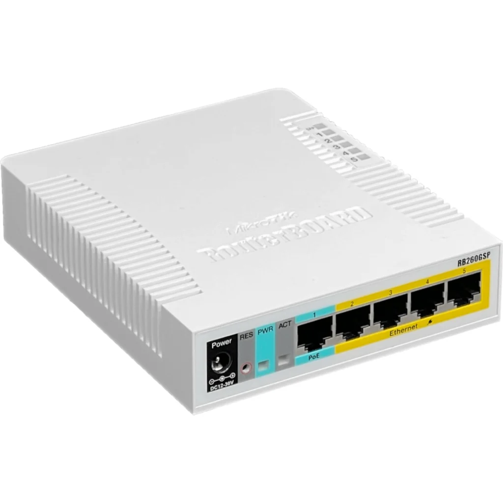 Switch Mikrotik RB260GSP, 5x Ethernet 10/100/1000 4-PoE/9-28VDC 1-SFP SwOS VLAN