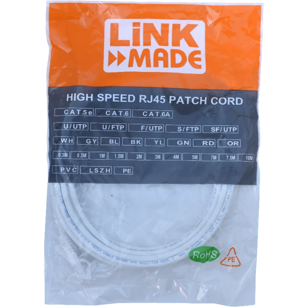 Cable de Red Linkmade Cat6 LSZH U/UTP Inyectado Multifilar 4mts BLANCO
