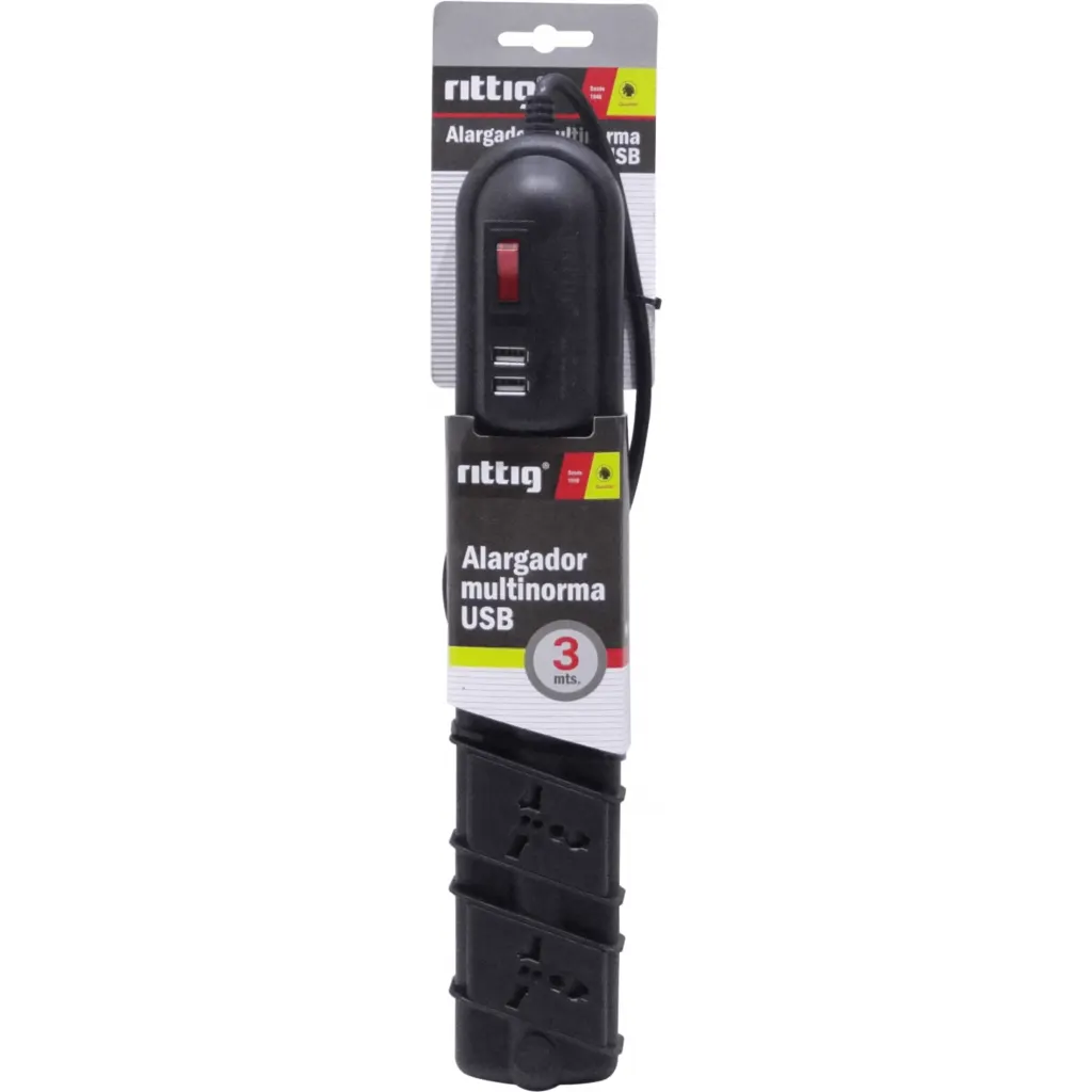 Imagen 3 de RITTIG Negro 4-Mult 2-USB5V Alarg 3mts 10A-250V 2200W Piloto-Interrupt