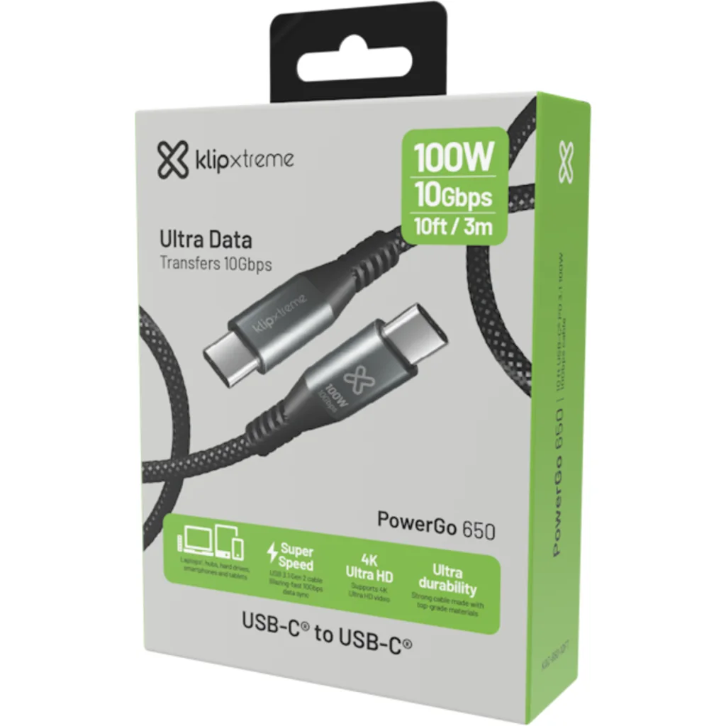 Imagen 6 de Klip Xtreme - USB cable - 24 pin USB-C - 3 m - Black - 100W 10Gbps Braided Fst Charg