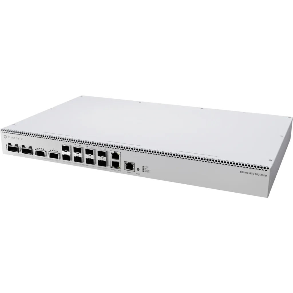 Switch rack 1U con puertos 50G, 200G y 400G QSFP, RouterOS L6, doble PSU y ventilación hot-swap para redes de data center.