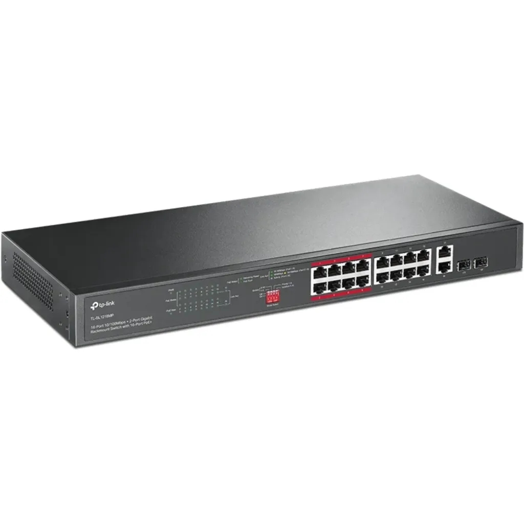 Imagen 1 de TP-Link TL-SL1218MP - Conmutador - sin gestionar - 16 x 10/100 (PoE+) + 2 x 10/100/1000 + 2 x Gigabit SFP combinado - montaje en rack (192 W)