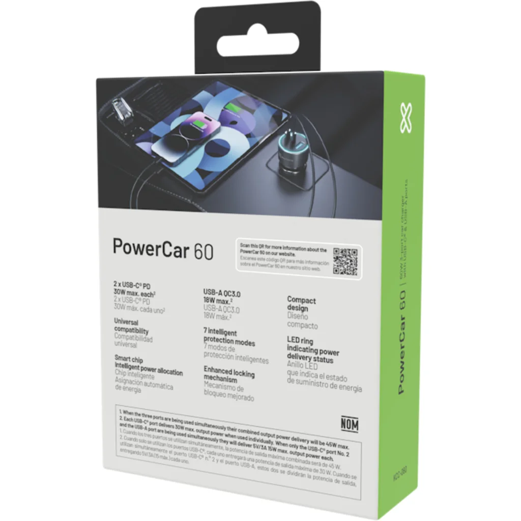 Imagen 10 de Klip Xtreme KCC-060 - Car power adapter - 60 Watt - 2 x 24 pin USB-C / 9 pin USB Type A - Cellular phone / Tablet - Car - Para Smartphones, tablets, small devices