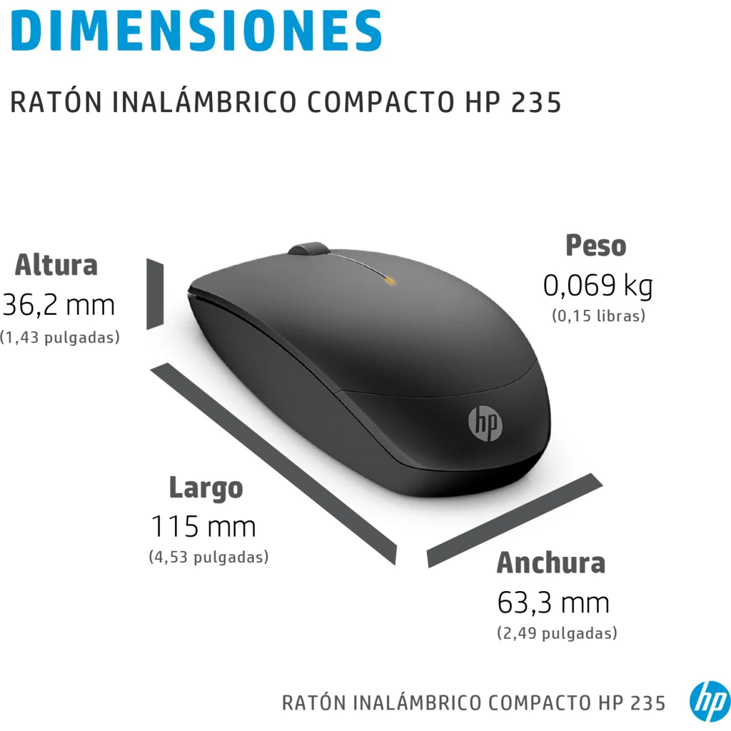 Imagen 3 de Mouse Inalámbrico HP 235, Slim Óptico 1600dpi 3 Botones USB Negro