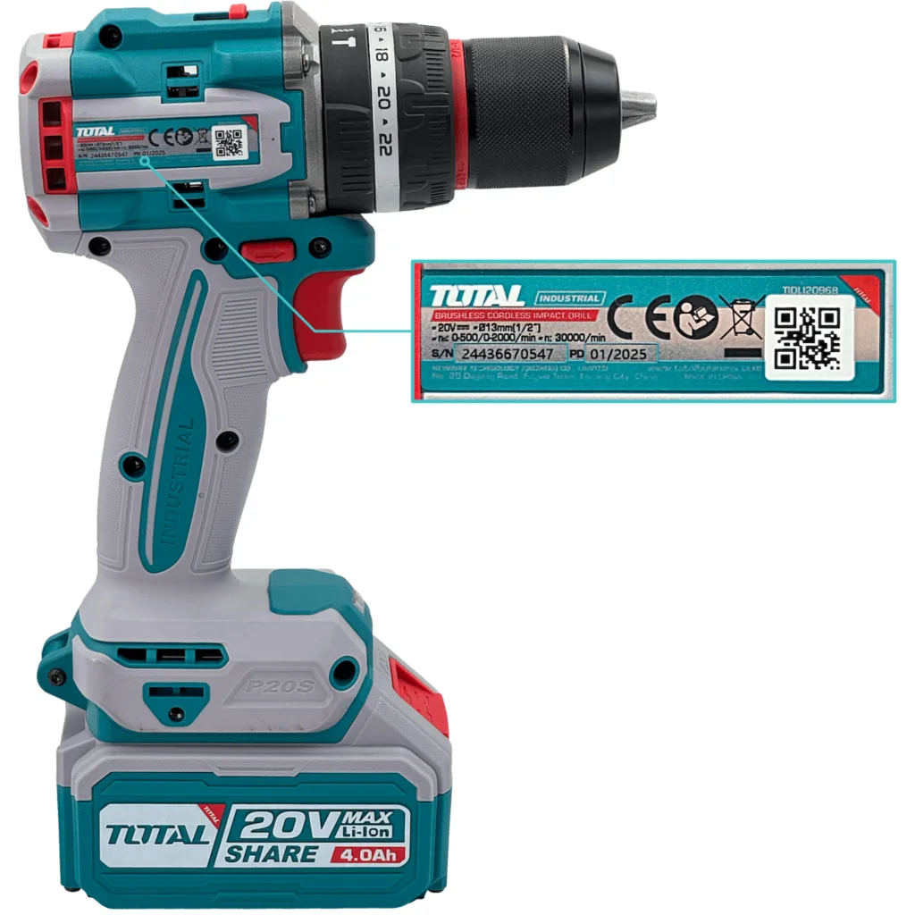 Imagen 4 de TOTAL P20S 20V 2x4A Baterias Litio Taladro 1,5-13mm TIDLI20968