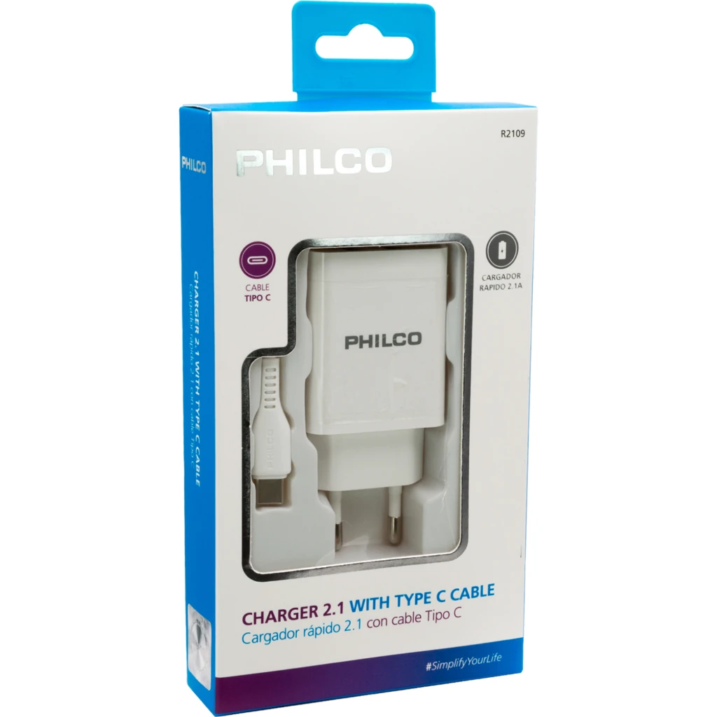 CARG. DE PARED 2.1 A DOBLE USB C/CABLE TIPO C R2109 BLANCO