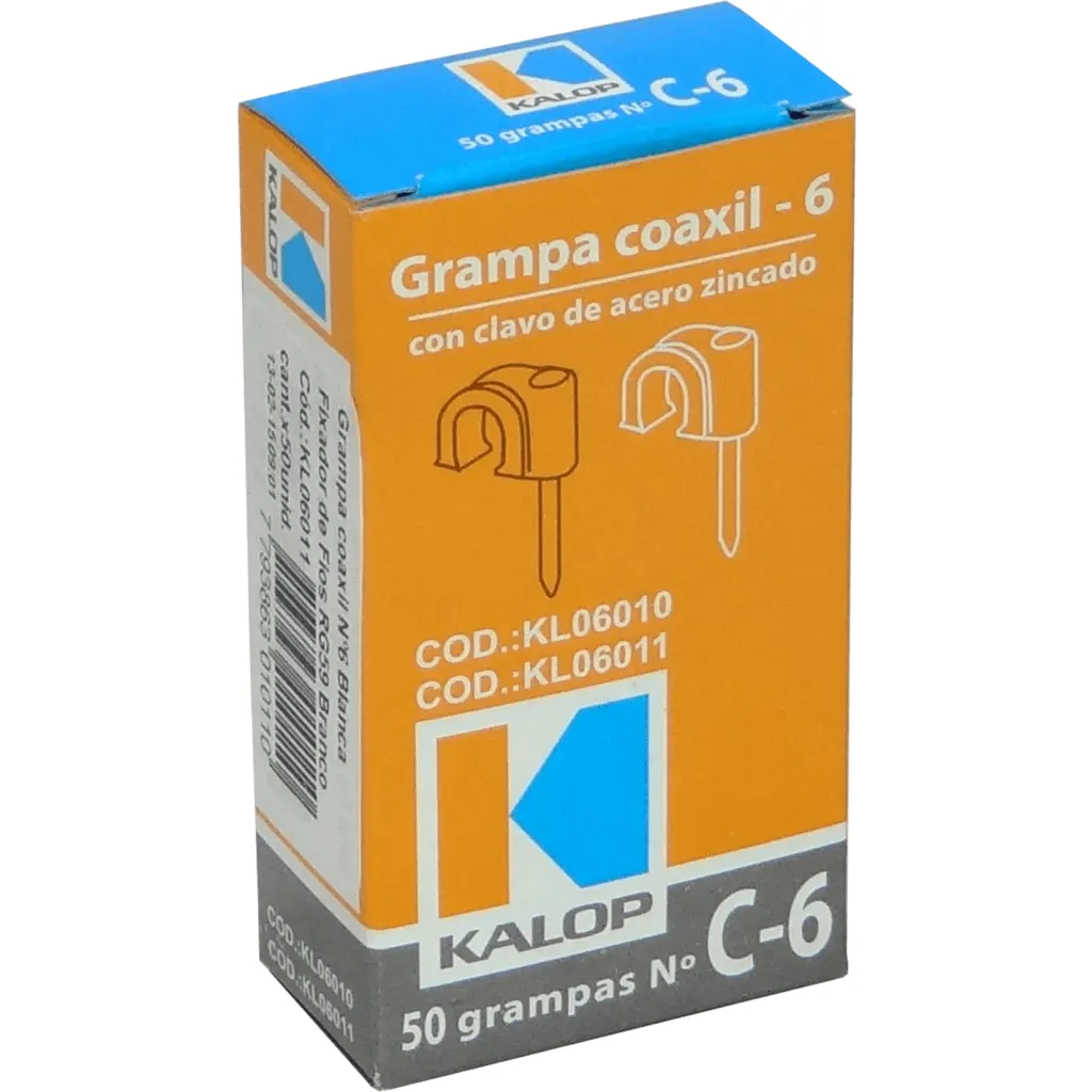 Imagen 2 de KALOP 50-UN C6 Blanca 6x6mm Clavo-15x2mm Zincado Sujeta-Cable Coaxial