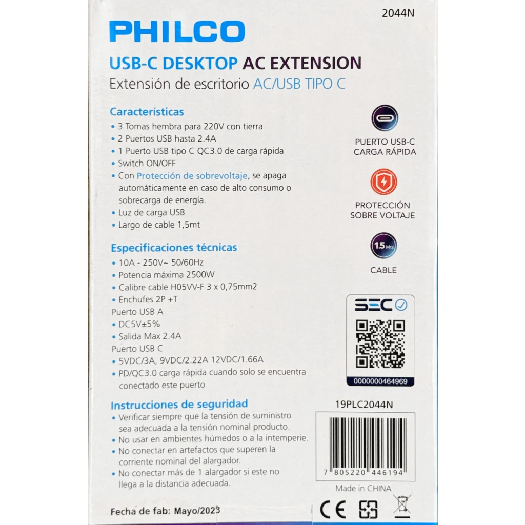 Imagen 6 de Alargador Eléctrico 3 Tomas + 2*USB 1*USB-C 1.5mts Color Negro - Philco 2044N