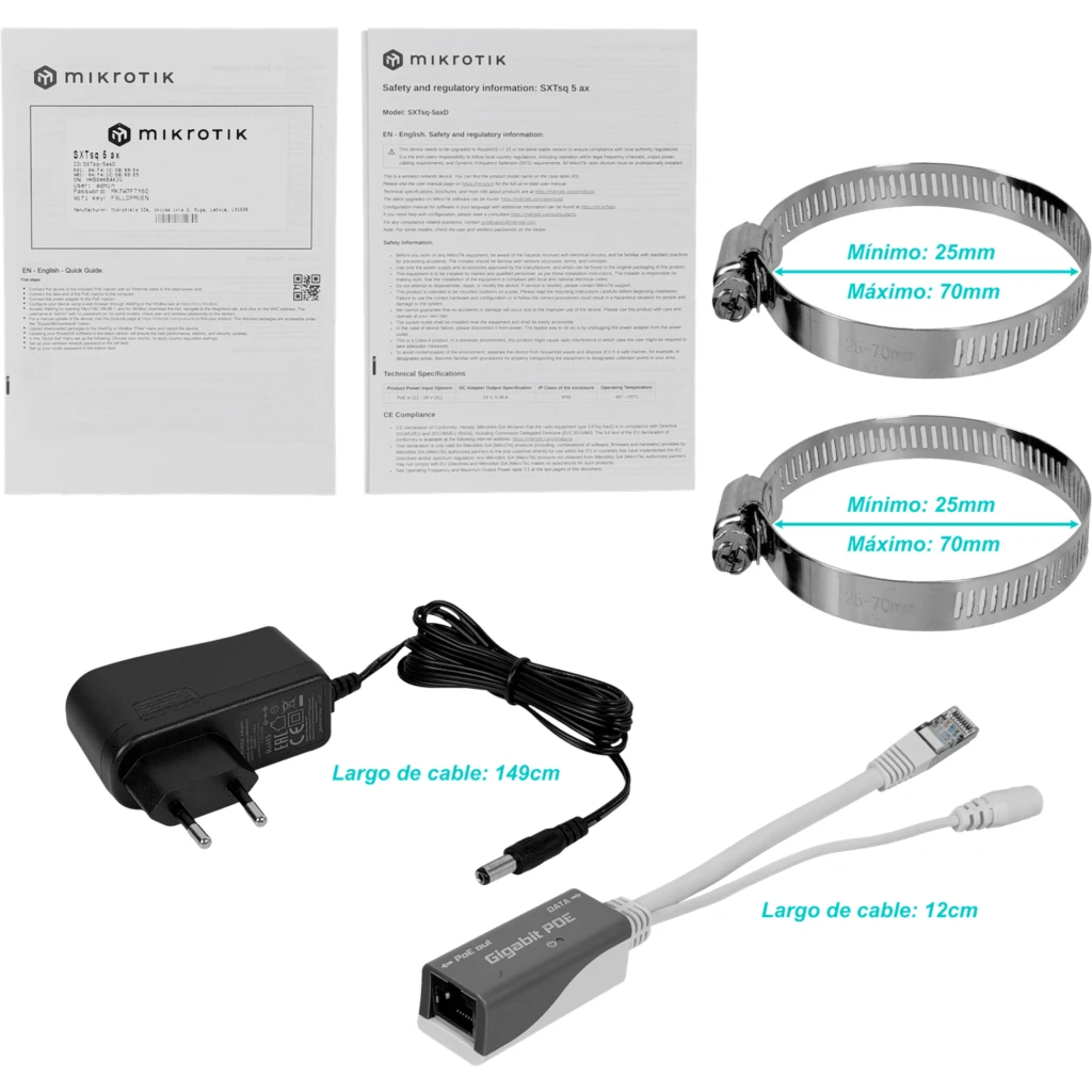 SXTsq 5 ax outdoor con Wi-Fi 6 5GHz, antena 16 dBi, CPU 800MHz, Gigabit Ethernet, PoE y RouterOS L4. Ideal para enlaces CPE compactos.
