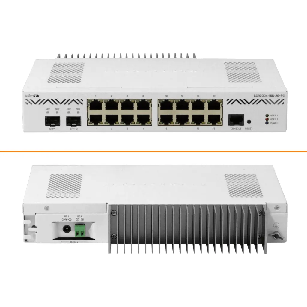 Router CCR2004 desktop con refrigeracion pasiva, 16 Gigabit, 2 SFP+ 10G, CPU ARM