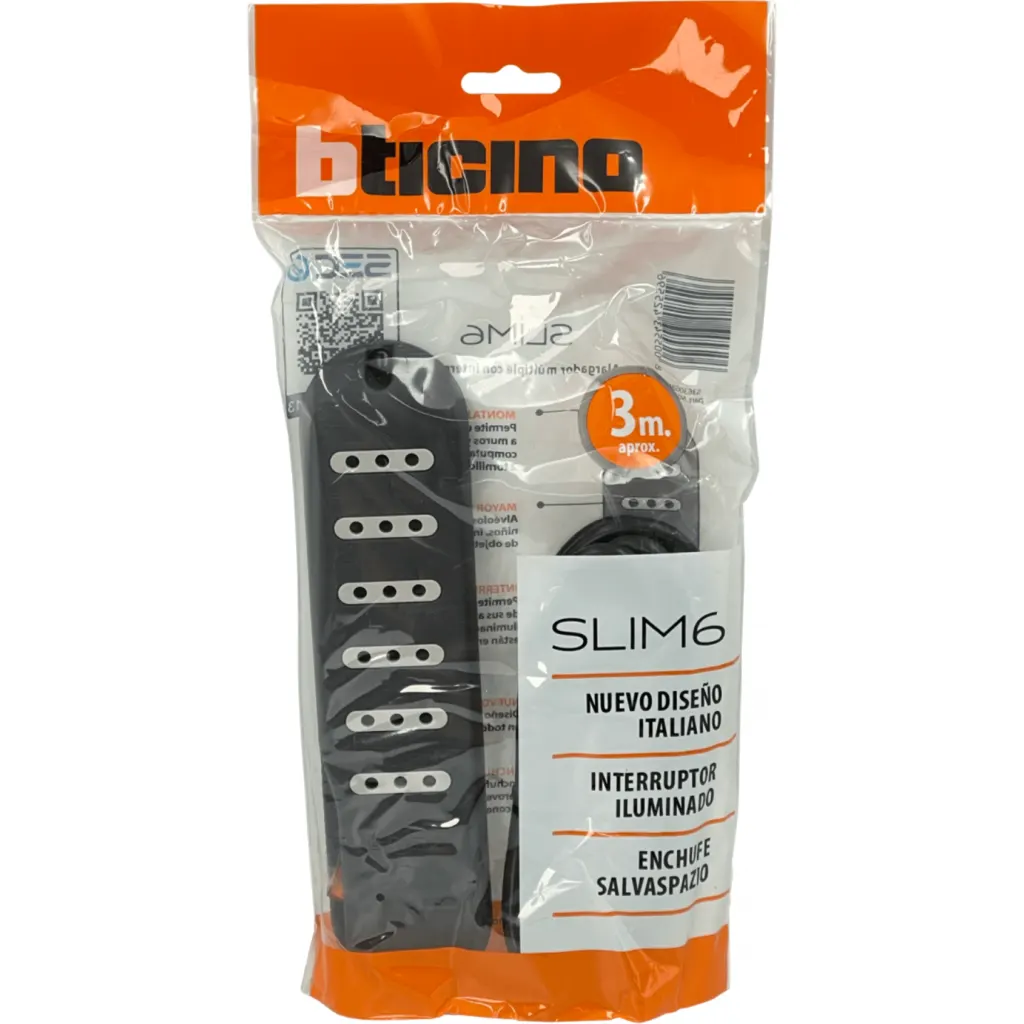 Alargador Eléctrico 6 Tomas c/Switch Cable 3 metros Color Negro - Genérico