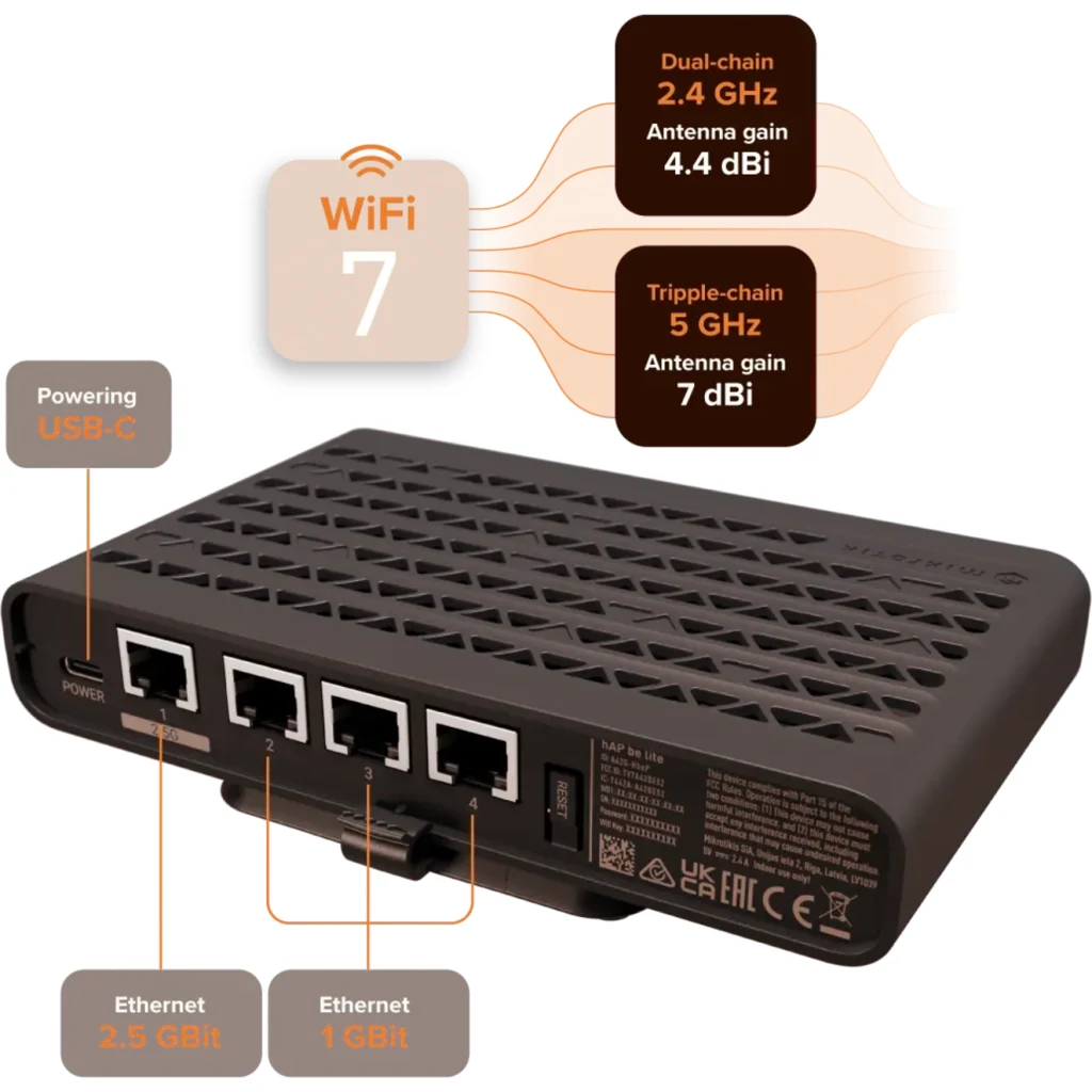 Imagen 1 de Router y Access Point MikroTik hAP be lite Wi-Fi 7 BE3600 Dual Band, 1x 2.5GbE + 3x GbE, USB-C, RouterOS L4.