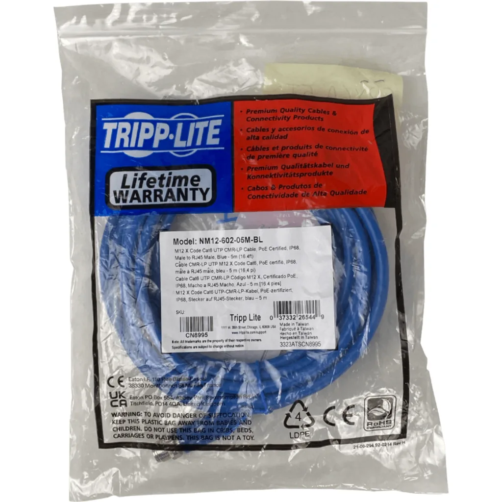 Imagen 1 de TRIPPLITE 10mt M12 a RJ45-UTP Cat6 1G IP68 Cable Exterior industrial