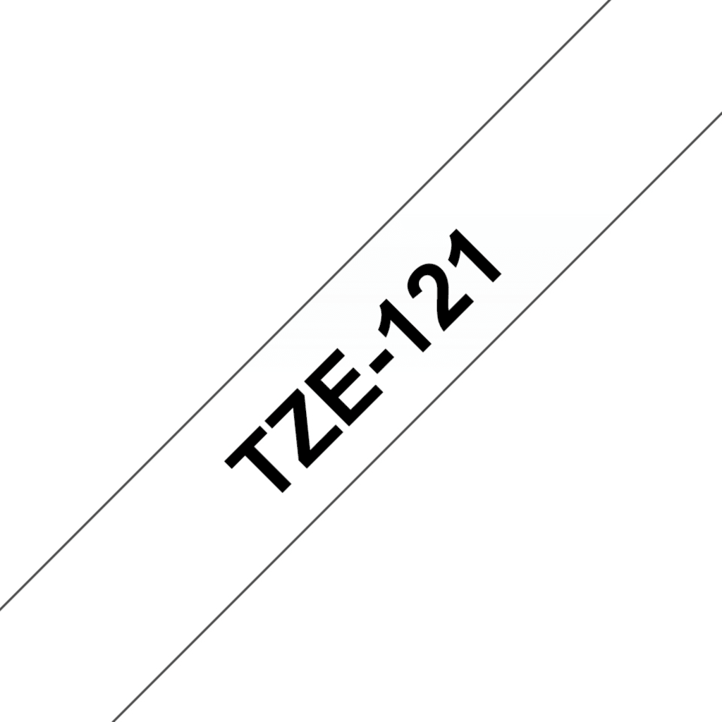Cinta Brother TZE-121 Texto negro sobre fondo transparente 9mmx8mt PT-3600/9700