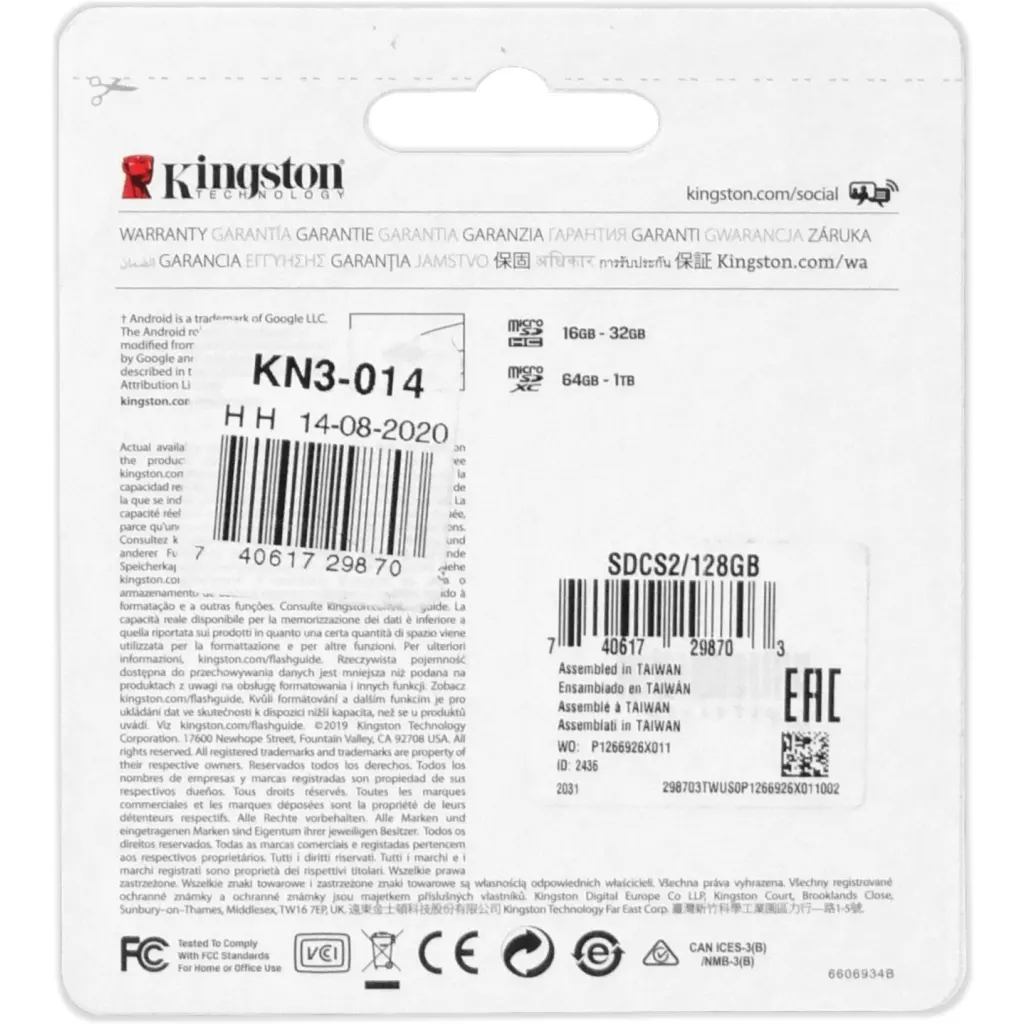 Imagen 2 de KINGSTON 128GB MicroSD-XC c/Adaptador-SD Class10 SDCS2/128GB