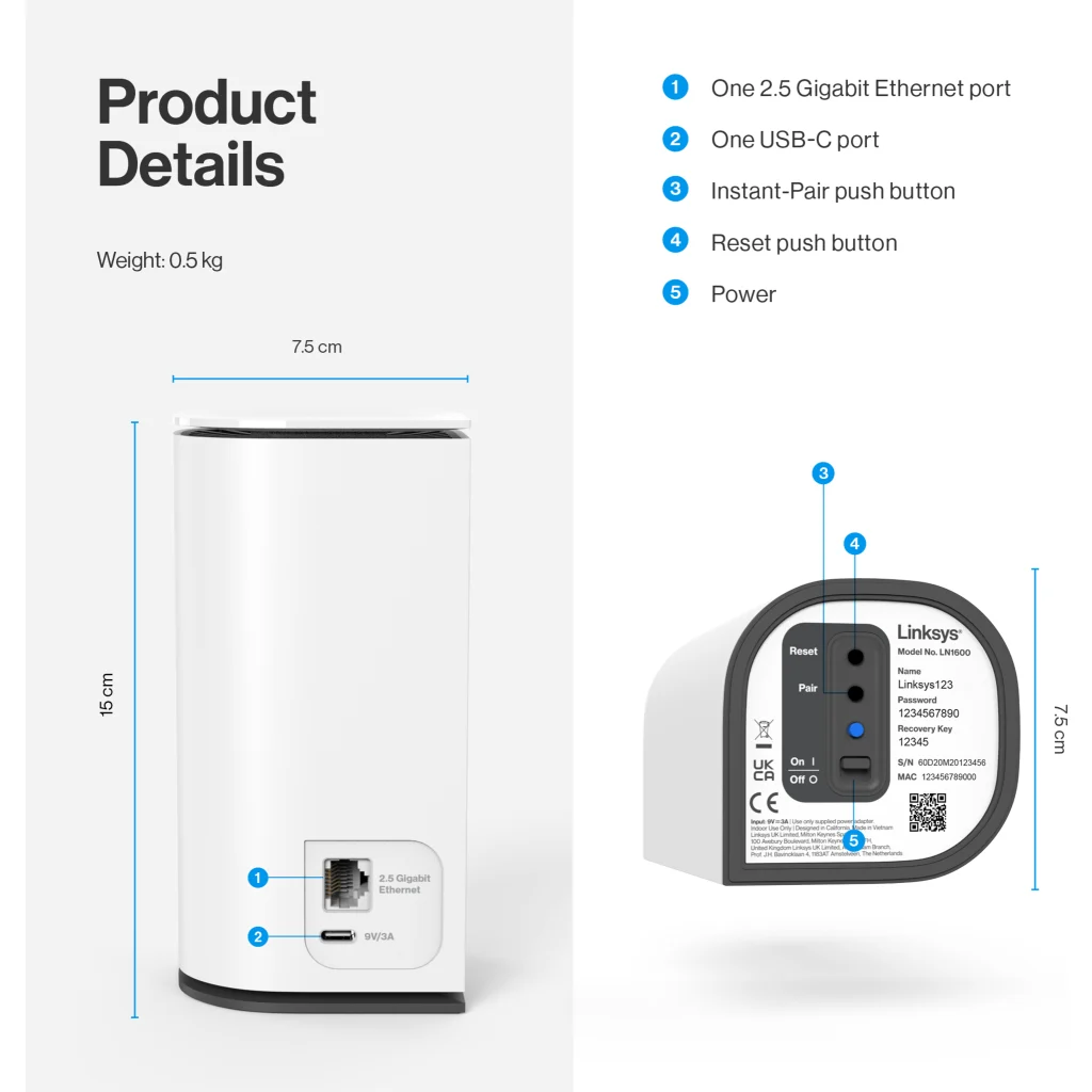 Imagen 6 de Router Linksys LN1600 Velop Micro 7, WiFi7 5Gbps Bluetooth® 5.1