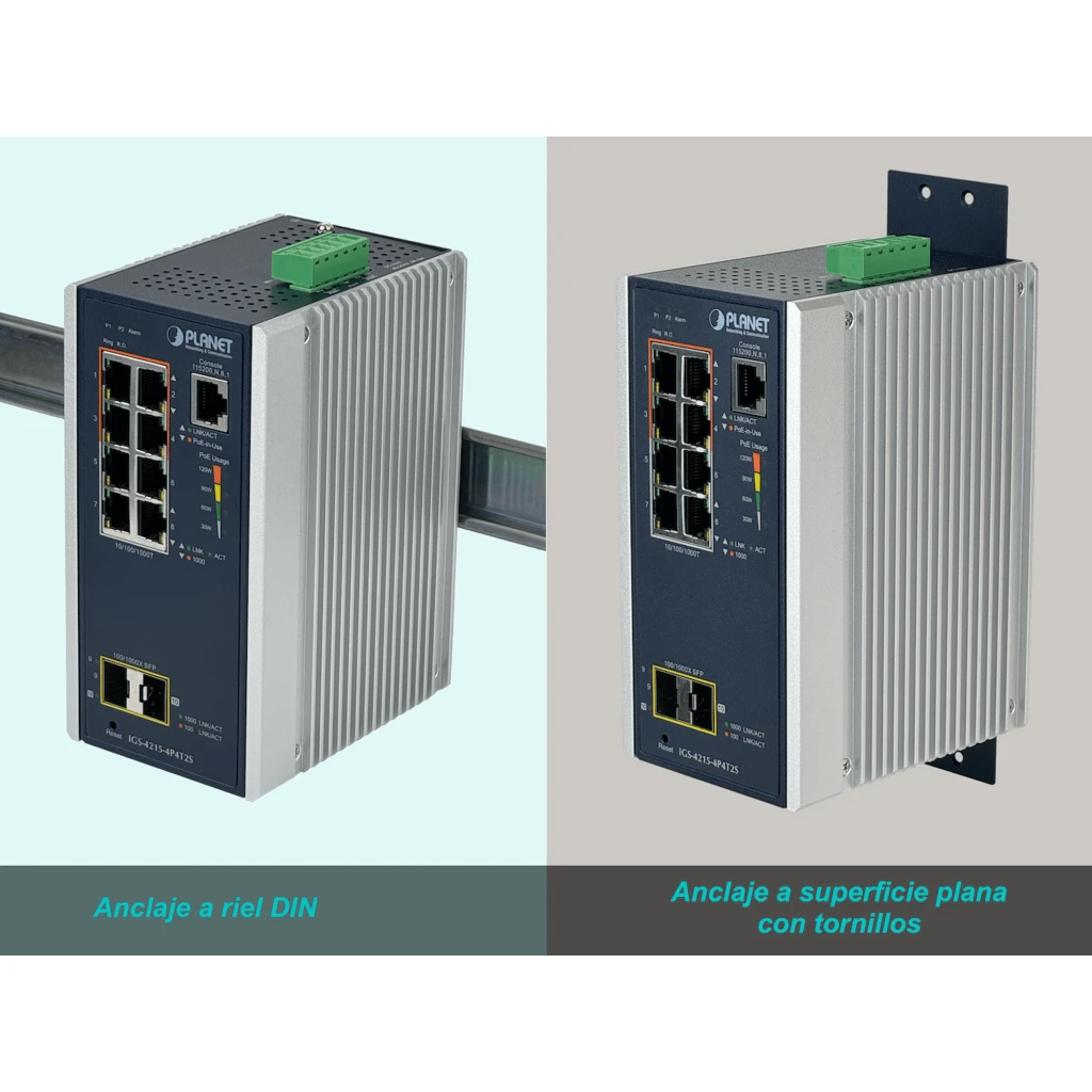 Imagen 4 de PLANET 8-1000(4PoE-at) 2-SFP 144W-tot RielDIN Switch Industrial 4P4T2S