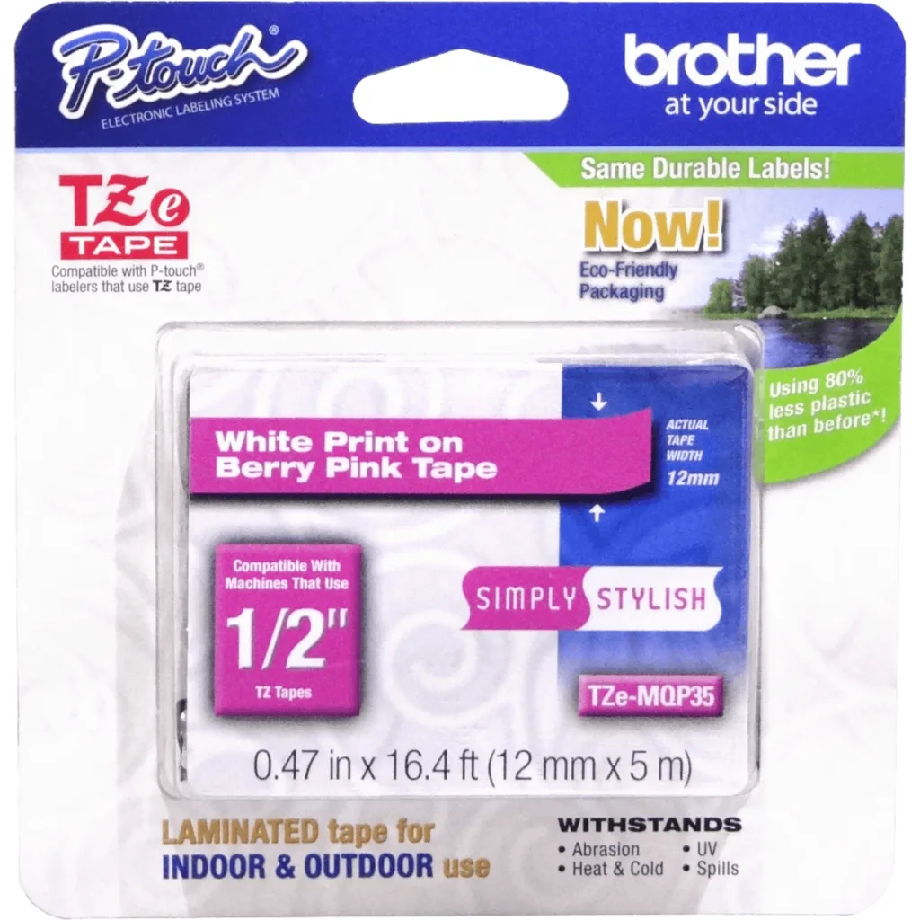 BROTHER 12mm Blanco en Fondo Rosado Cinta 5mt p/PT-H110/E300/H200