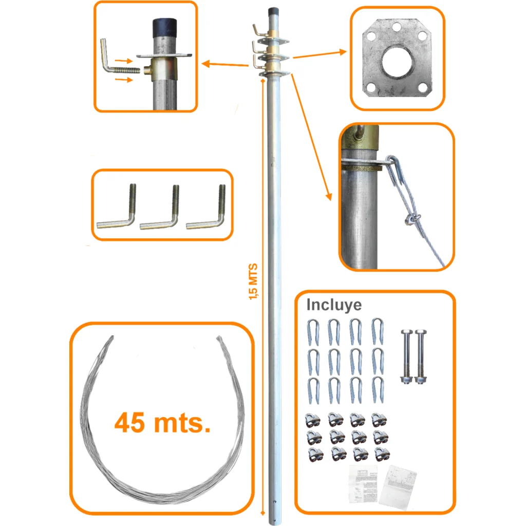 LINKMADE 4,5mt Mastil Telescopico con Vientos 3-Tubos-1,5mt