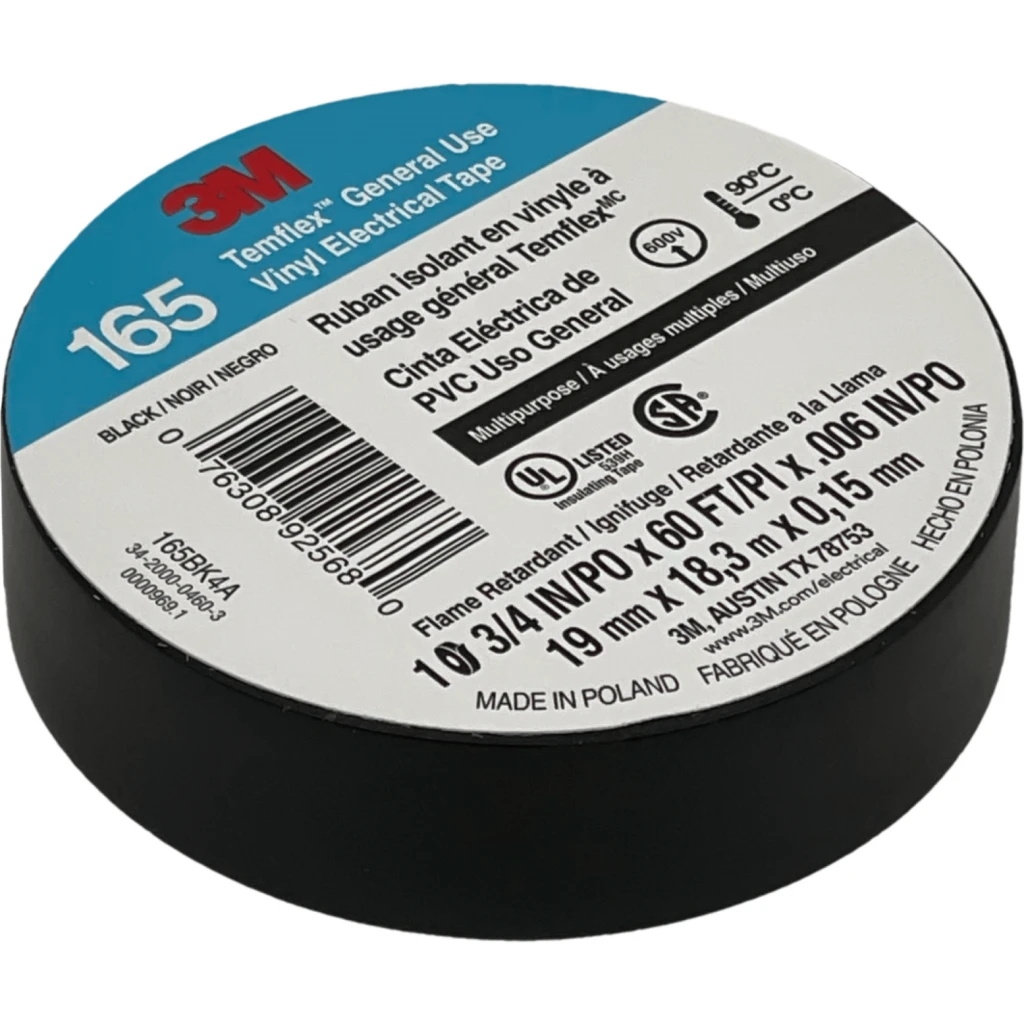Imagen 2 de 3M 18mt 165 Negra Huincha Cinta Aisladora PVC 19mm 0,15mm 600V 0-90oC