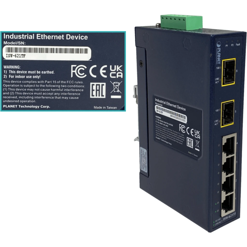 Imagen 1 de PLANET 4-100 2-SFP-100 Switch Industrial no-Admin Riel-DIN 12-48VDC/24
