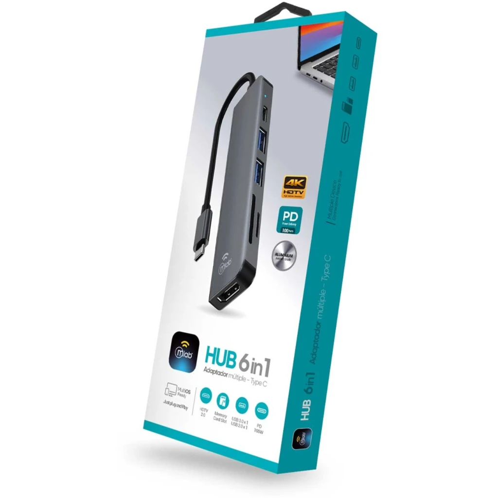 Imagen 2 de MLAB HUB ADAPTADOR 6 EN 1 TYPE-C A HDMI + SD/TF CARD + PD100W + 2USB2.0