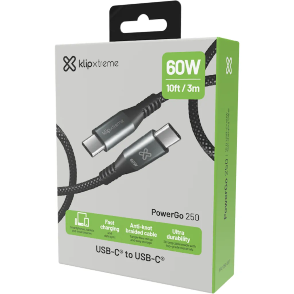 Imagen 10 de Cable USB Tipo-C M/M v2.0 24pin 3mt 60W Color negro - Klip Xtreme KAC-250-10FT