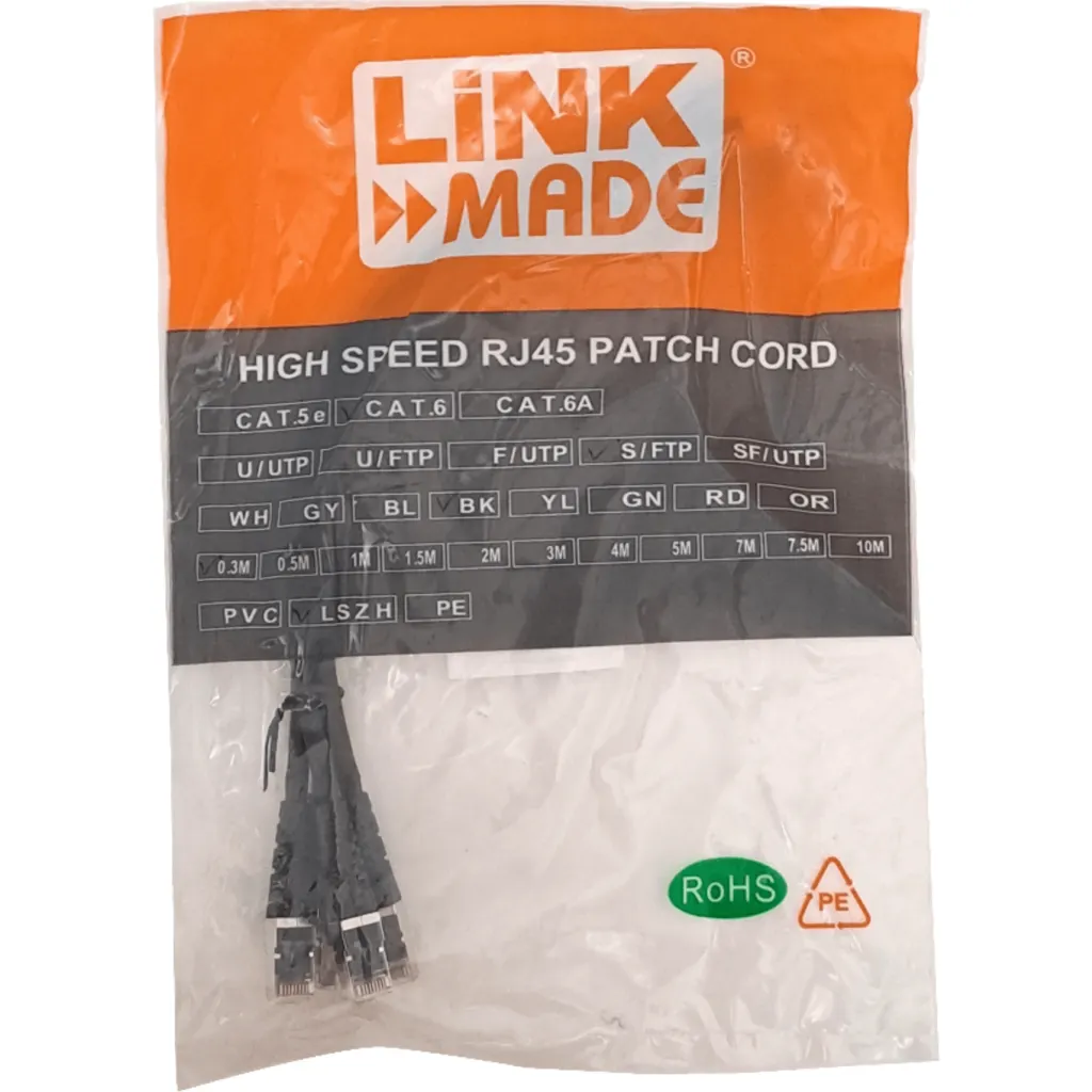 Imagen 1 de LINKMADE S/FTP CAT6 4UN 30cm NEGRO LSZH CABLE PATCH INYECTADO MULTIF