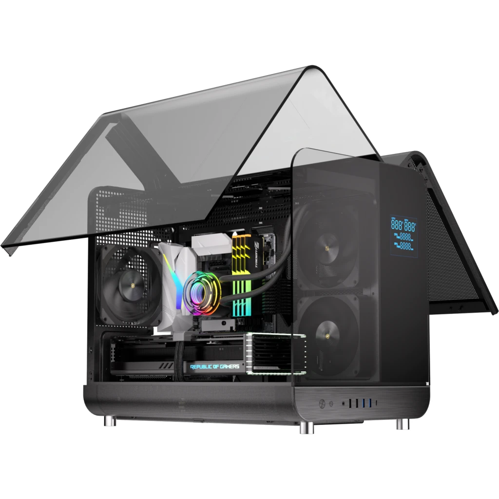 GABINETE GAMER ESGAMING MATX AIRCRAFT 007 NEGRO 6 FAN, 2 BASE, 3 ABAJO, 1 TRASERO ARGB, SIN FUENTE