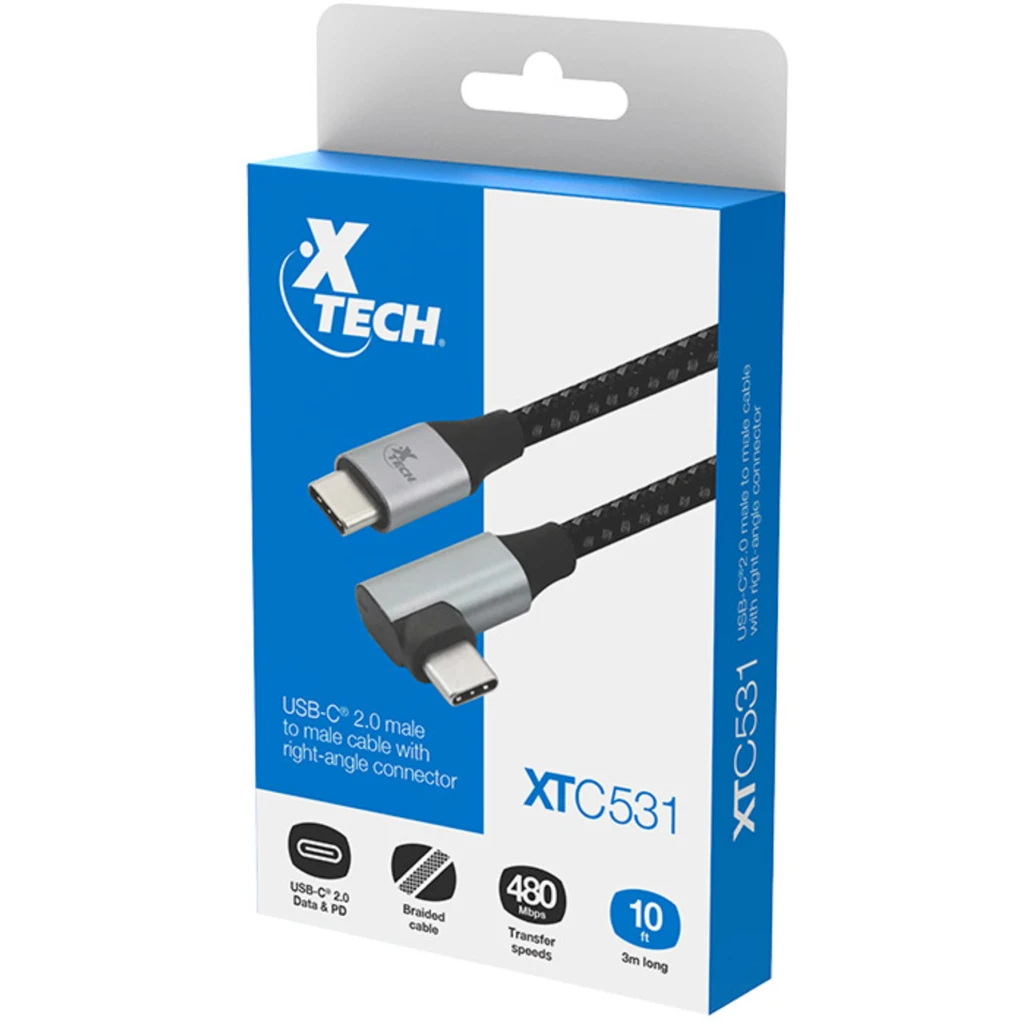 Imagen 2 de Cable USB-C XTech XTC-531 USB Tipo-C M/M, (1 Conector en L) 3mts Negro