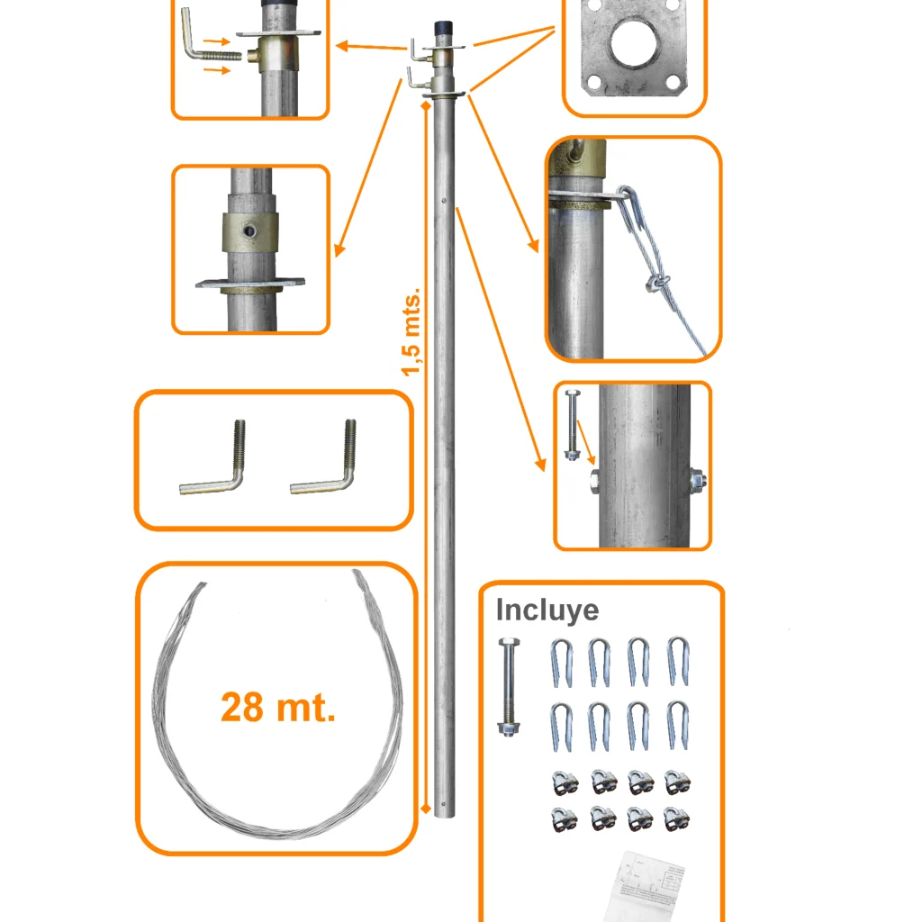 LINKMADE 3mt Mastil Telescopico con Vientos 2-Tubos-1,5mt