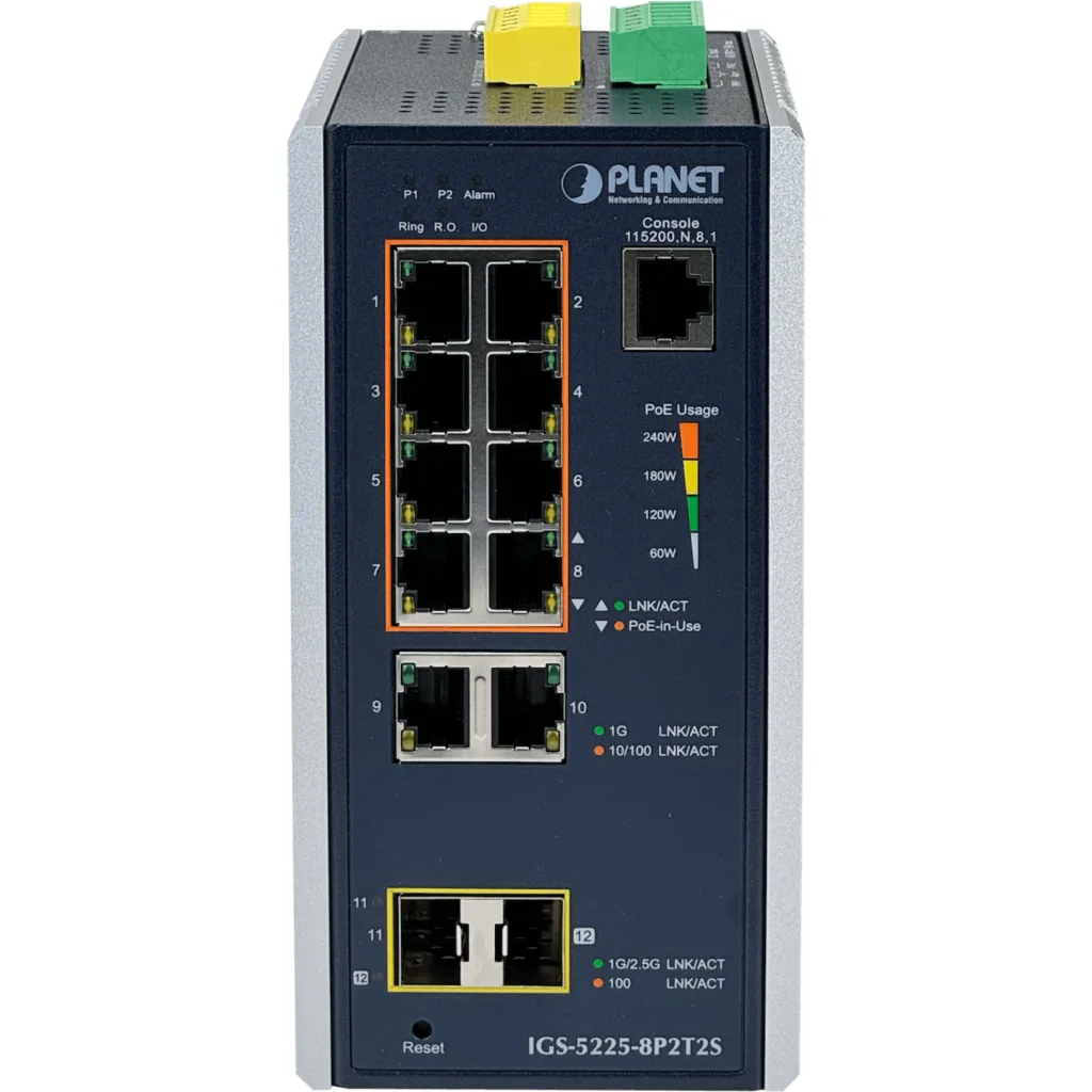 PLANET Switch 8-1000-PoE 2-1000 2-SFP 240W-tot Riel-DIN Industrial 12p