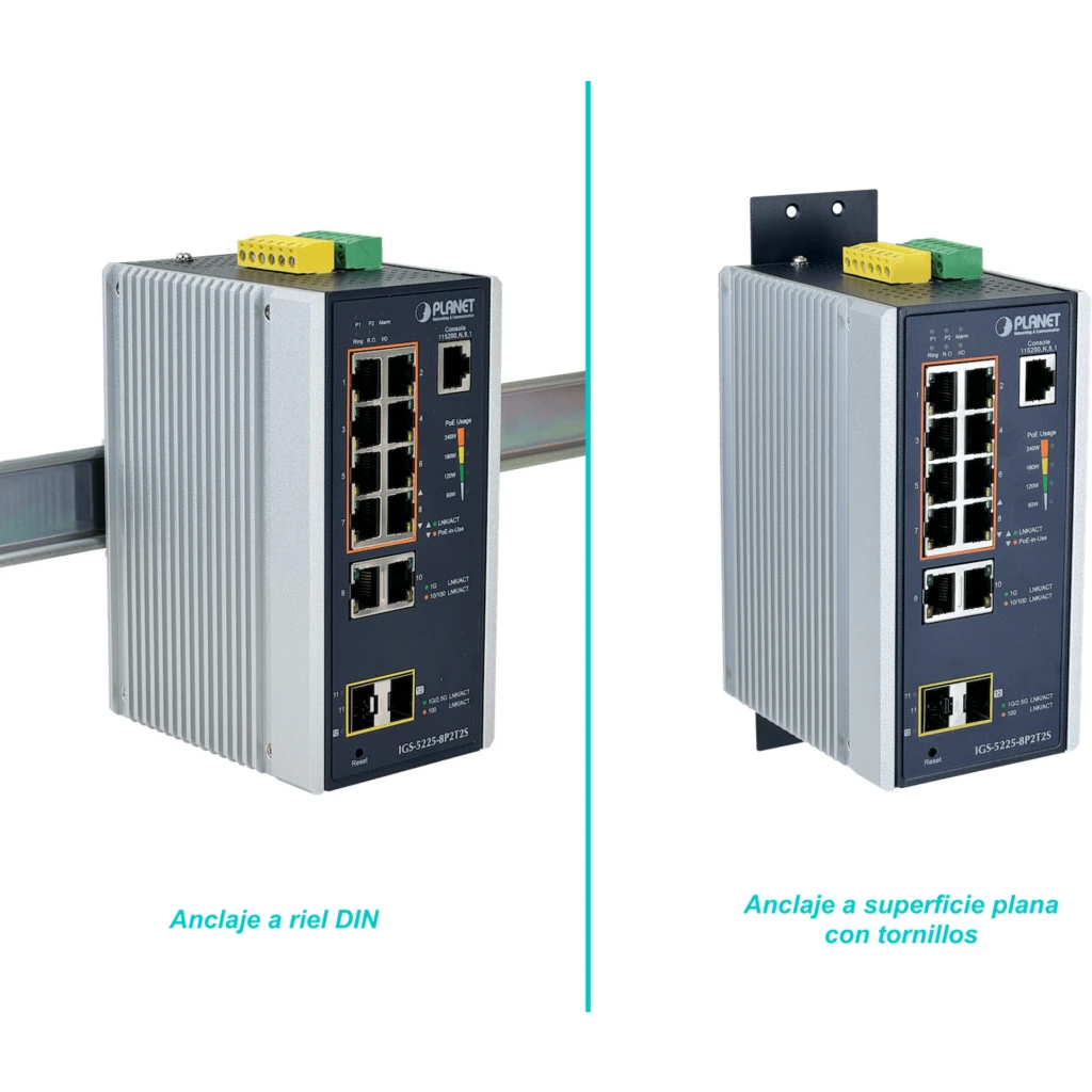 Imagen 1 de PLANET Switch 8-1000-PoE 2-1000 2-SFP 240W-tot Riel-DIN Industrial 12p