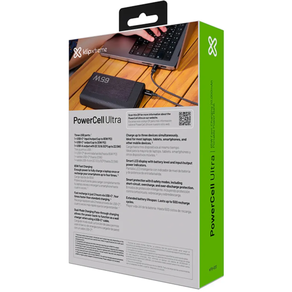 Imagen 6 de Klip Xtreme - Power bank - 65 Watt - 24 pin USB-C - 4 pin USB Type A / 24 pin USB-C - Lithium polymer - Para Universal